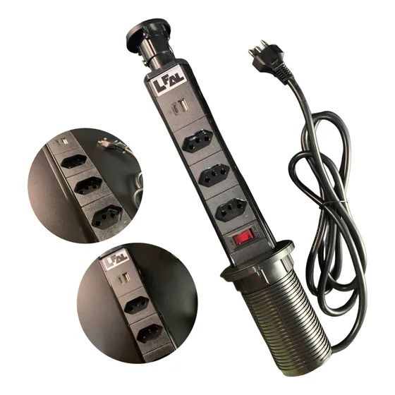 Torre De Tomada Para Bancada De Embutir Multiplug Retrátil Com 3 Tomadas E Usb E Usb C Tipo C Tipo-c Mesa Granito Mármore Pia Cozinha Escritório Mesa De Reunião Extensão Elétrica Bivolt Cor Preto Lfal