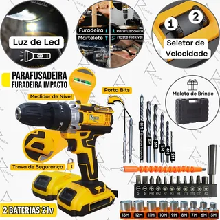 Parafusadeira E Furadeira 21v Maleta + 2 Baterias + 9 Soquetes + 6 Brocas + 10 Bits + 2 Adaptadores + 2 Ponteiras + 1 Conector Flexivel + Carregador 110v/220v Rishon Parafusadeira E Furadeira 21v Maleta + 2 Baterias + 9 Soquetes + 6 Brocas + 10 Bits + 2 Adaptadores + 2 Ponteiras + 1 Conector Flexivel + Carregador 110v/220v Rishon