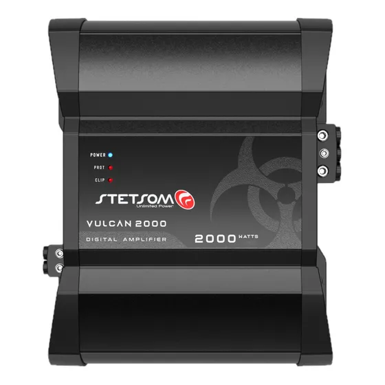 Módulo Stetsom Vulcan 2000.1 Amplificador Mono Full Range 10Hz ~ 22KHz 2000W RMS em 1 Ohm Entrada RCA 1 Canal 2000W em 12.6v e 2600W em 14.4v com HPF e LPF – Atende Sub, Woofers, Driver e Tweeter