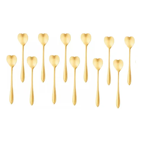 Kit Jogo 12 Colheres Café Chá Sobremesa Coração Inox Dourada