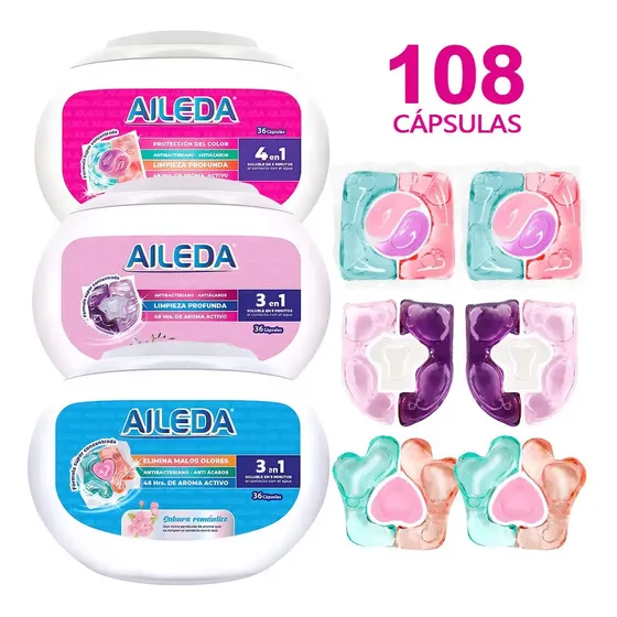 Aileda Detergente En Cápsulas Total 108 Cápsulas （Cerezo/Cítricos/Fresia/Lirio, 1 caja cada aroma）Detergentes para ropa