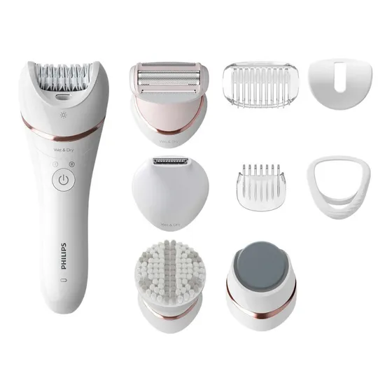 Depiladora Philips Serie 8000, Depiladora Inalámbrica Húmedo y Seco para Piernas y Cuerpo, con 9 Accesorios, Afeitadora, Recortadora, Pedicura y Exfoliante Corporal, Modelo BRE740/10