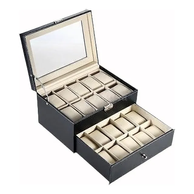 Cuero Doble Capa 20 Red Relojes Caja Caso Vidrio Joyería Tit