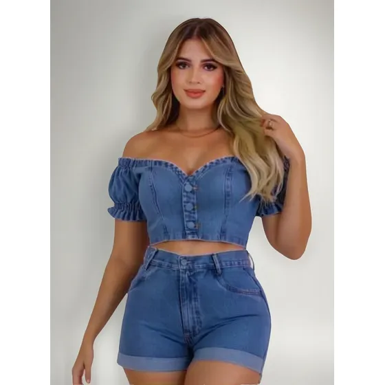 Conjunto Feminino Jeans Cropped E Short Alta Tendência