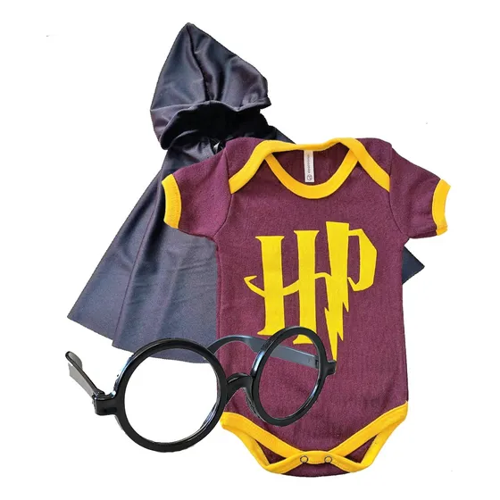 Conj Harry Potter Aniversário Bebe Com  Capa + Óculos + Body