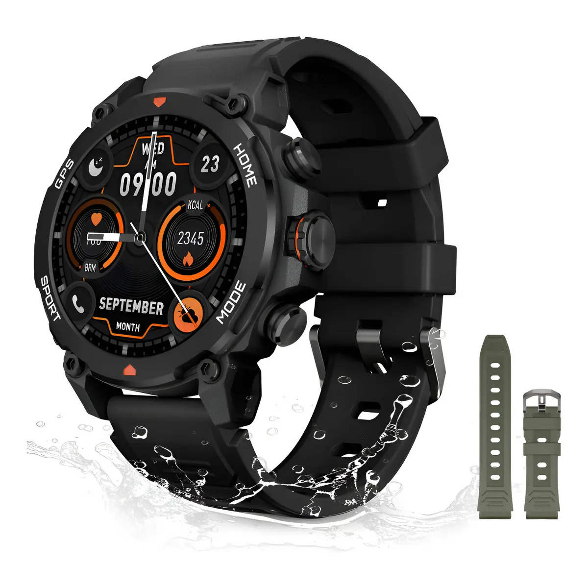 Smartwatch Aurafit G6 na cor preta com mostrador digital esportivo, exibindo informações de data, batimentos cardíacos e calorias, acompanhado de uma pulseira extra na cor verde exército e efeito de água na base.