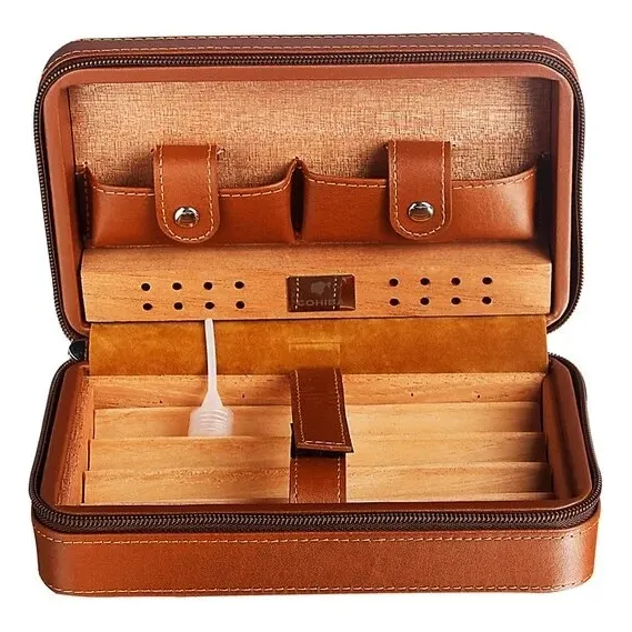 Estuche Cuero Para Puros Humidificador Portátil Calidad. Dorado