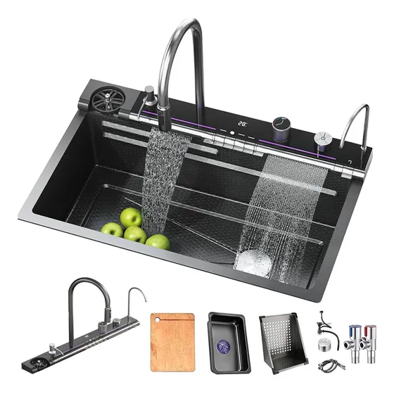 Tarja De Empotre Color Negro Con Escurridor De Acero Inoxidable De Alta Calidad Medidas 76x46cm Diseño Moderno Y Elegante Ideal Para Cocinas