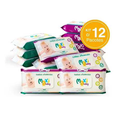Kit 12 Toalhas Umedecida Hipoalergênico 100un Cada Maxi Baby