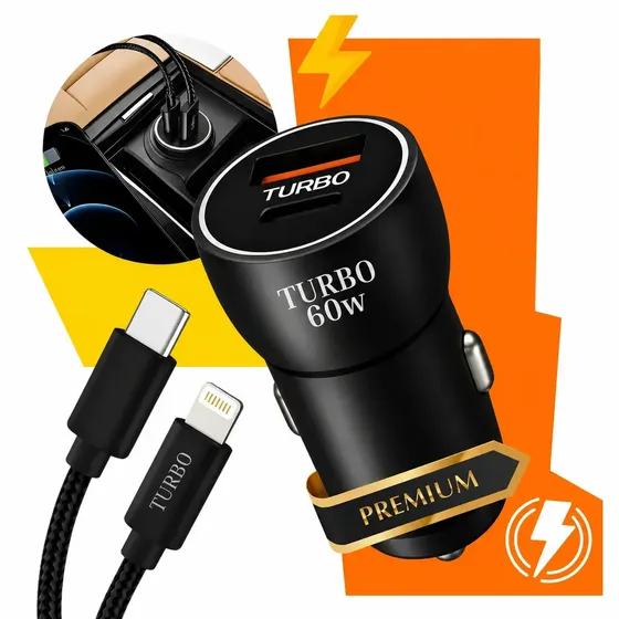 Kit Carregador Veicular Turbo 60w Compativel Com iPhone 8 X Xr 11 12 13 14 Pró E Pró Max Led Com Cabo Duas Portas Usb 3.0 Super Rápido 2 Celulares Automotivo Carro Tomada Cinzeiro Prateado Ice Coorel