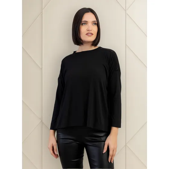 Remera Manga Larga Oversize Con Aplique Brillos Hombro Azu