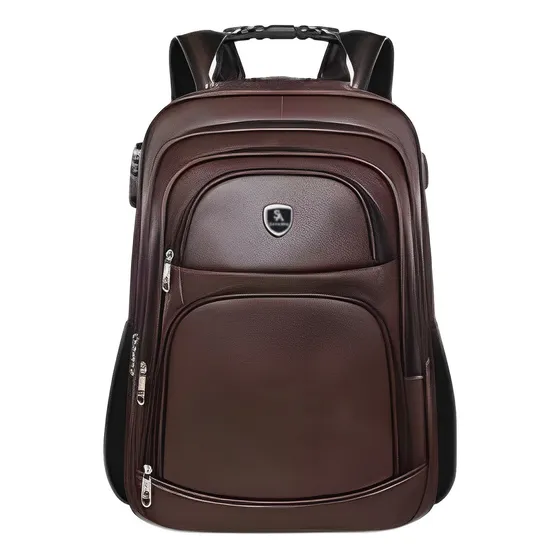 Mochila De Couro Notebook Grande Masculina Cabo De Aço Cor Marrom-escuro Desenho Do Tecido Liso