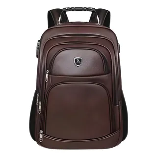 Mochila De Couro Notebook Grande Masculina Cabo De Aço Cor Marrom-escuro Desenho Do Tecido Liso Mochila De Couro Notebook Grande Masculina Cabo De Aço Cor Marrom-escuro Desenho Do Tecido Liso