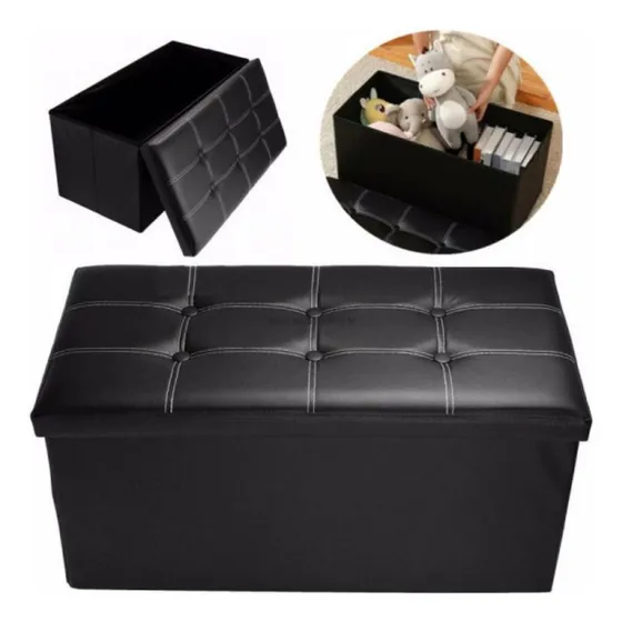 Puff Banca Taburete De Almacenamiento Plegable Piel Color Negro