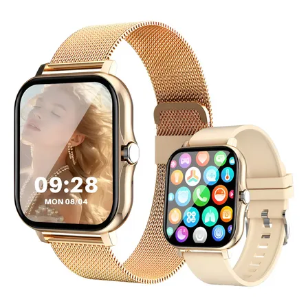 Smartwatch Feminino Lakeyloyi Com Chamadas E Duas Pulseiras Dourado Milanês