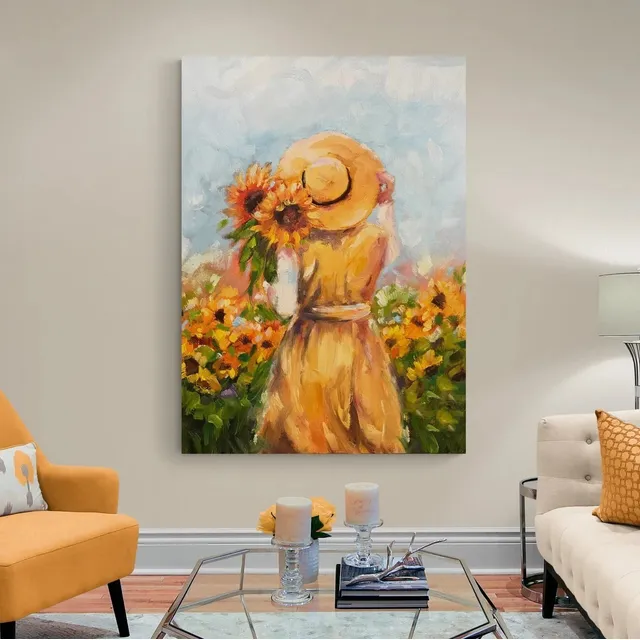 Quadro Em Tecido Canvas Mulher Com Chapéu Amarelo E Girasol