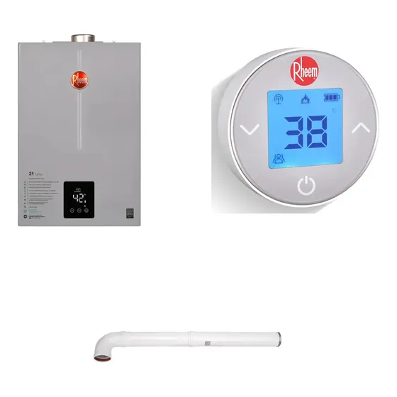 Kit Rheem: Calefon Gas Licuado 21l Tiro Forzado Gris + Kit Ducto Tiro Forzado + Control Temp Digital