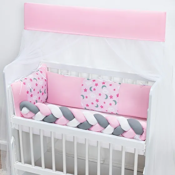 Kit Protetor Mini Berço Fofuxo 6 Peças Proteção E Maciez Cor Rosa Desenho Do Tecido Mini Berço