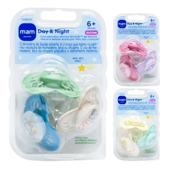Kit 3 Chupetas 6m+ Mam Original Day & Night Bico Simétrico