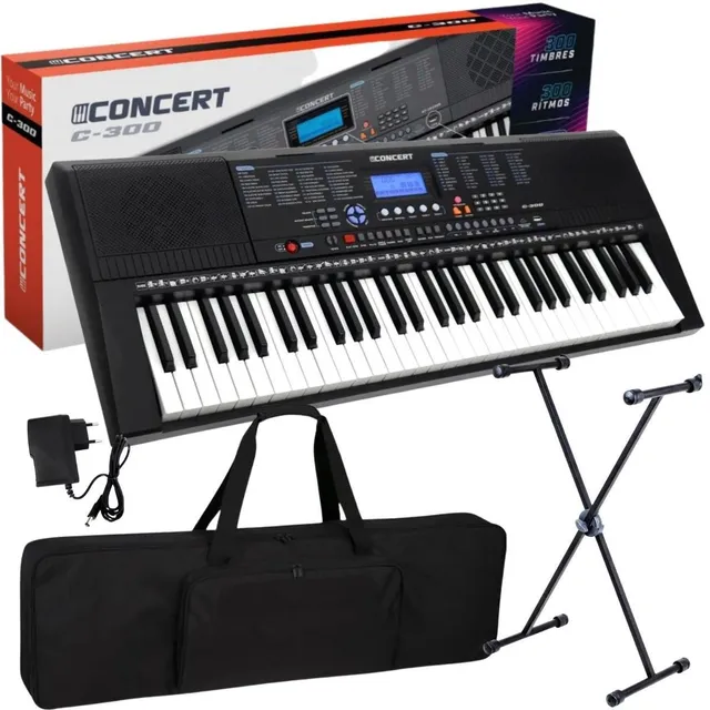 Kit Teclado Musical Iniciante Concert C300 Usb + Bag Suporte
