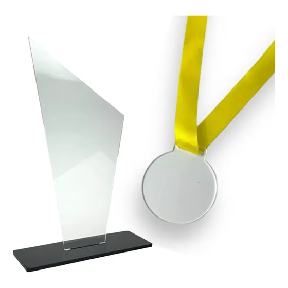 Kit 10 Troféu Acrilico 10x18cm + Kit 50 Medalhas Fita Azul
