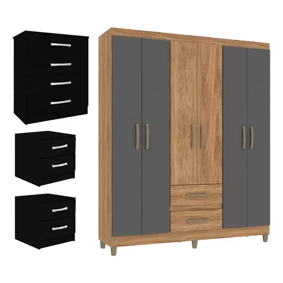 Combo Ropero Armario Dormitorio 6 Puertas+comoda+mesa De Luz Color Negro