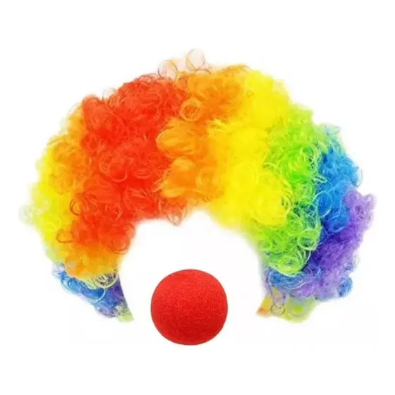 Pack Peluca De Payaso Multicolor Disfraz + Nariz Roja Espuma