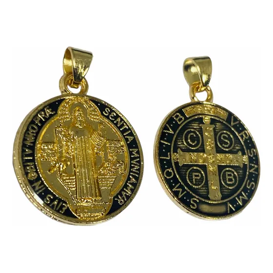 Medalla San Benito Cruz Trasera Bañada En Oro ( Negro) Prote Color Negro
