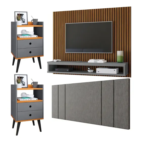 Kit 2 Mesinha Lateral Cama Cabeceira Casal Painel Tv 50 Pol Cor Rip Fjo/Cnz |Cnz L| Cnz/Cina