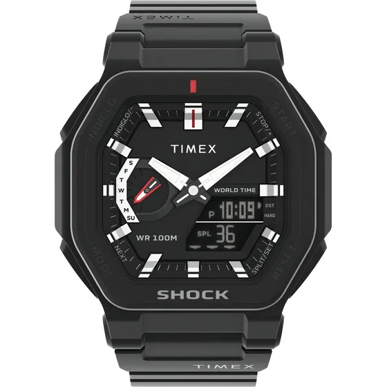 Reloj Timex Tw2v35600 Shock Analogo Digital Sumergible 100m Color De La Malla Negro Color Del Bisel Negro Color Del Fondo Negro