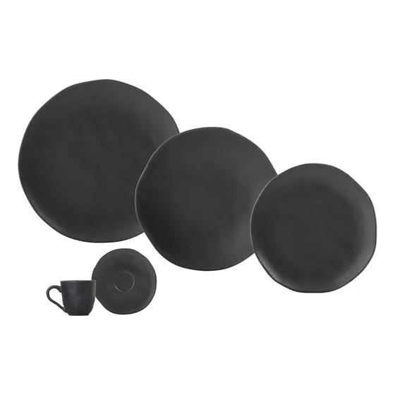 Jogo De Jantar Porto Brasil Cerâmica Orgânico Preto Matte De 30 Peças Lisa