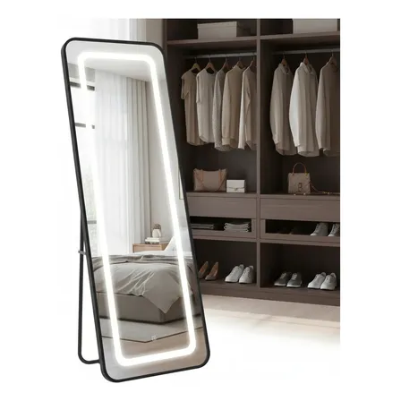 Espejo Rectangular Completo Piso Techo Horizontal Vertical Pared Vestidor Full 3 Luces Negro