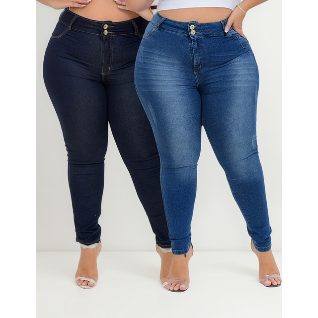 Kit2 Calça Plus Size Feminina Jeans Cintura Alta Top Lycra Kit2 Calça Plus Size Feminina Jeans Cintura Alta Top Lycra