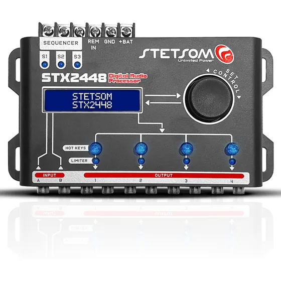 Processador de Áudio Digital Equalizador CROSSOVER Automotivo Stetsom 2 Entradas 4 Saidas STX2448 Mesa Regulagem 12v Alta Precisão Frequência Controle Automação Profissional Projetos SOM Áudio Carro