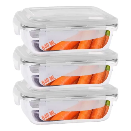 Kit 3 Potes Herméticos Vidro Casa Linda 640ml Retangulares Tampas Sortido