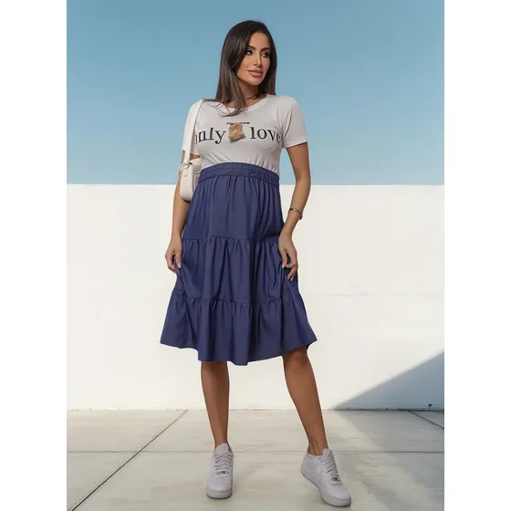 Saia Midi Babado 3 Marias Para Gestante Confortável Jeans