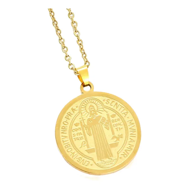 Medalla San Benito Acero Collar Amuleto Hombre Mujer Cadena