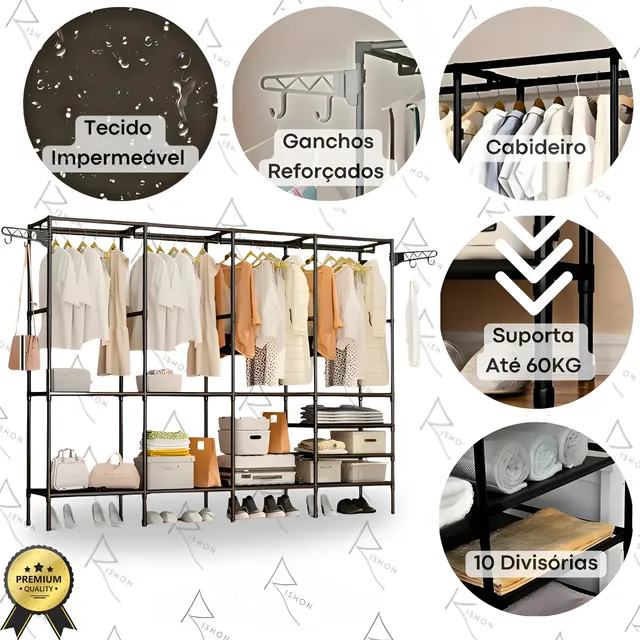 Guarda Roupa Dobravel Closet Aberto Organizador De Roupas Desmontavel E Arara Organizadora 4 Colunas Em Aço Resistente Rishon