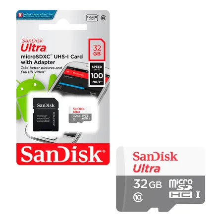Tarjeta de Memoria MicroSD 32GB Sandisk 100MB/s Adaptador
