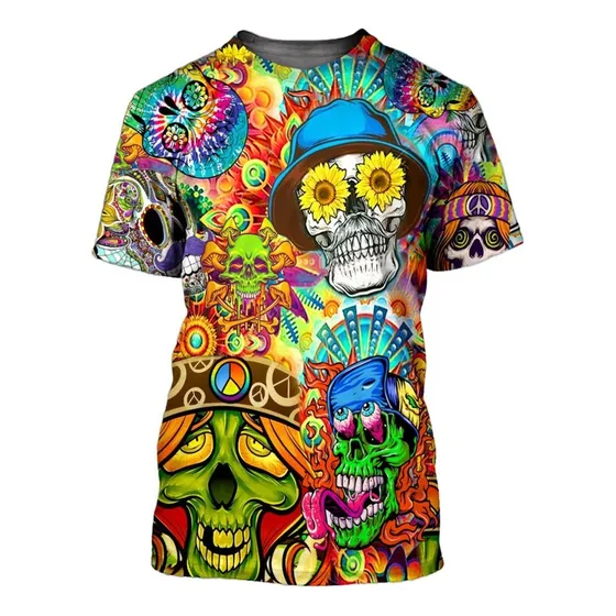 Camiseta Zx Con Calavera Hippie Estampada En 3d Y Colorida,