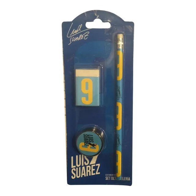 Set De Goma + Lapiz + Sacapuntas De Luis Suarez