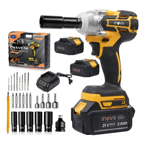Parafusadeira Chave De Impacto 21v C/2 Bateria lítio 3000mAh + Jogo Brocas,Parafusadeira inova Furadeira De Impacto Elétrica Chave de impacto para mecânica Ferramentas automotivas