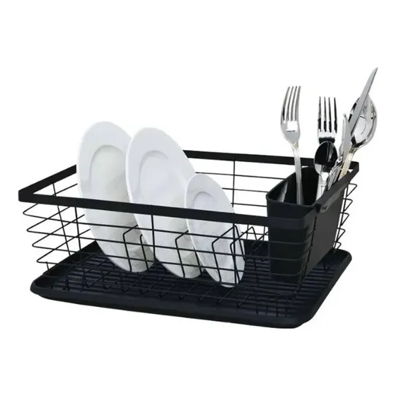 Secaplatos Escurridor Vajilla Cubiertos Acero Negro Bandeja