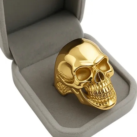 Anel Em Aço Inoxidável Masculino Banhado A Ouro Caveira Harl
