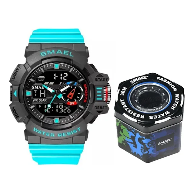 Reloj Deportivo Smael 8043 Azul Hora Doble Cronometro 50 M