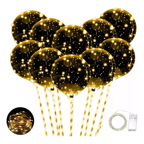 10 Globos Burbuja Cristal Led Luminoso Porta Palito Inflador