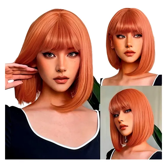 Peruca Curta Orgânica Lisa Com & Sem Franja Cosplay 40cm