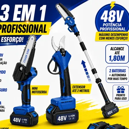 Kit Motosserra Tesoura Elétrica Poda Extensor 2 Metros 48v Azul-petróleo 48v
