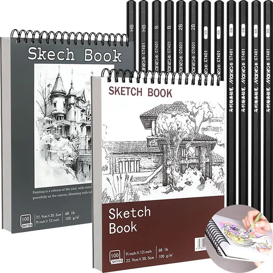 Nuhexry Cuaderno A4+ De Boceto Y Dibujo Blank Sketchbook 400 Páginas con 12 lápices，tamaño 30,5 cm x 22,9 cm,Ideal para niños, estudiantes de arte, aficionados al dibujo y pintores profesionales