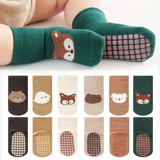 Kit 6 pares meias infantis antiderrapantes com bichinhos